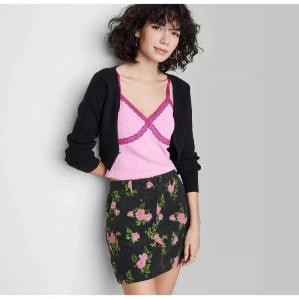 Wild Fable Womens 16W Black Floral Pink Rose Corduroy Mini Skirt 100% Cotton NEW - Picture 3 of 6
